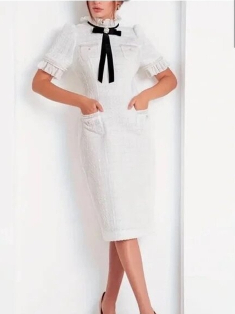 NWOT Elegant White Tweed Midi Dress with Black Ribbon Detail and Pearl Trim